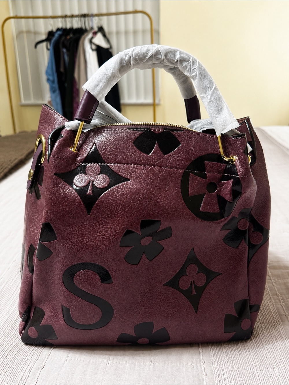 Burgundy Oversized Fashion Tote Bag Gold Hardware NWT